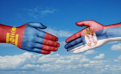 Republic of Serbia and Mongolia country handshaking with flags, consensus concept international co-operation illustration