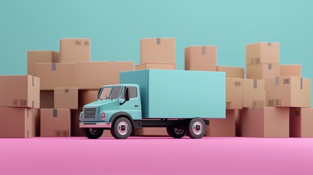 A vibrant delivery truck in front of stacked cardboard boxes, showcasing logistics and transportation in a playful, colorful setting.