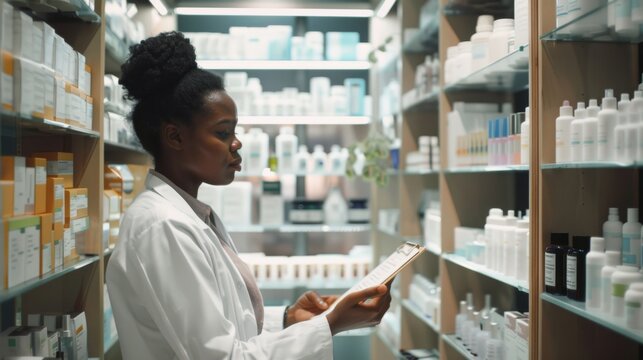 A dedicated pharmacist checks inventory on a clipboard among fully stocked pharmacy shelves, committed to ensuring accurate and efficient service.