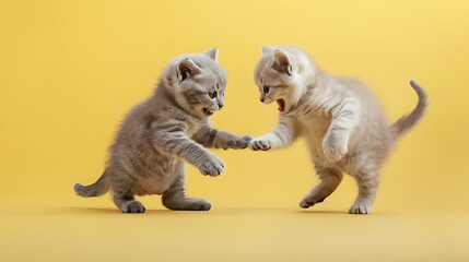 Adorable kittens playing together on a bright yellow background, capturing their energetic and playful nature, perfect for animal lovers and playful pet photography with a joyful and lighthearted tone