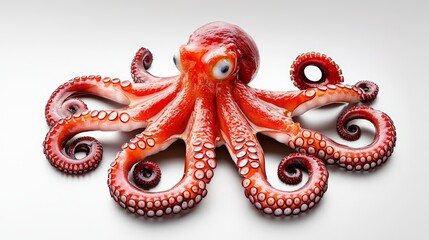 Fototapeta premium A raw, red octopus displayed on a white surface, showing its tentacles.