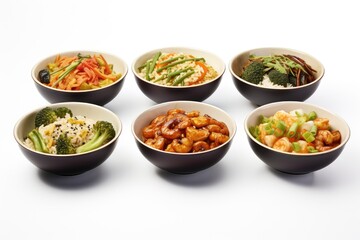 Colorful assortment of Asian dishes in bowls served on a white background showcasing vibrant vegetables and protein options. Generative AI