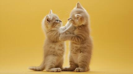 Adorable kittens playing together on a bright yellow background, capturing their energetic and playful nature, perfect for animal lovers and playful pet photography with a joyful and lighthearted tone