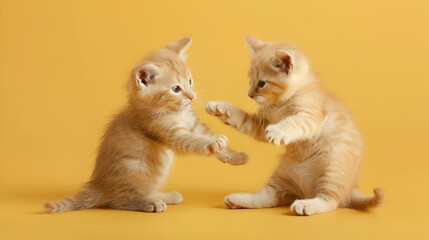 Adorable kittens playing together on a bright yellow background, capturing their energetic and playful nature, perfect for animal lovers and playful pet photography with a joyful and lighthearted tone