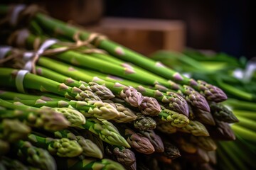 Freshly harvested asparagus bundles displayed at a farmer's market in early spring under warm sunlight. Generative AI