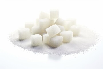 A close-up view of white sugar cubes stacked atop a mound of granulated sugar on a bright, white background. Generative AI