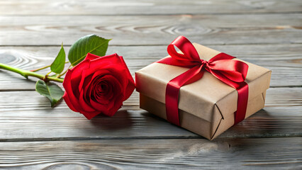 Romantic gesture A beautifully wrapped gift box adorned with a single red rose , romance, love, gift