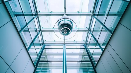 A security camera peers down from a glass ceiling, emphasizing surveillance, security, and modern infrastructure.