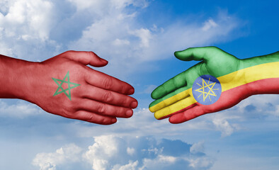 Ethiopia and Morocco country handshaking with flags, consensus concept international co-operation illustration