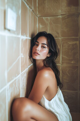 Serene Woman with Natural Beauty Resting Against Bathroom Wall in Soft Lighting