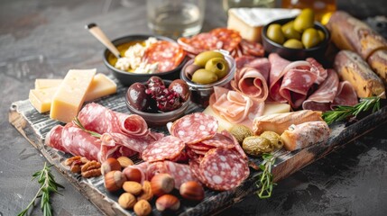 A mouth-watering charcuterie board laden with an assortment of cured meats, cheeses, olives, and nuts, set amidst a rustic background, perfect for a gourmet feast.