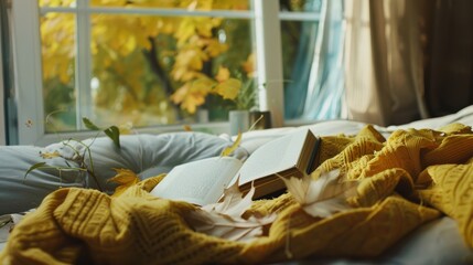 Sunlit window seat with a cozy yellow knitted blanket, an open book, and scattered autumn leaves, inviting relaxation and warmth amid a beautiful fall backdrop.