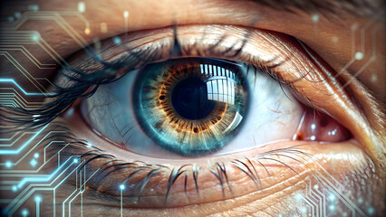 Close-up futuristic sci-fi macro view of a human eye with a technological circuit pattern overlay, technology