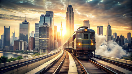 Fototapeta premium Vintage train double exposure with modern city skyline, vintage, train, double exposure, modern city skyline