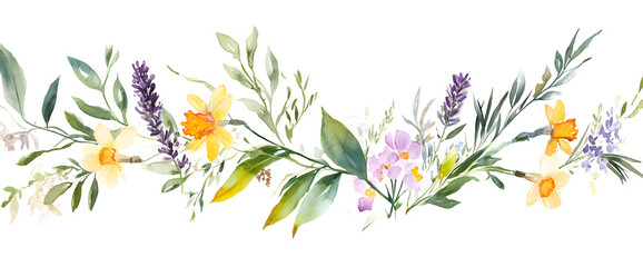 Obraz premium A beautiful watercolor illustration of white and yellow plumeria flowers with green leaves. Perfect for design and decor purposes.