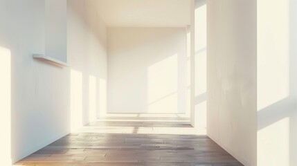 Fototapeta premium Sunlit hallway with white walls and wooden floors, casting shadows through large windows, creating a serene and minimalist atmosphere.