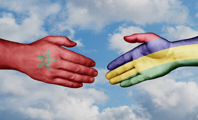 Mauritius and Morocco country handshaking with flags, consensus concept international co-operation illustration