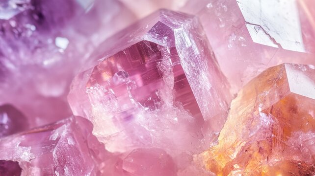 Detailed view of kunzite showcasing its soft pink and purple crystals in a macro shot.