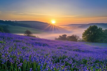 Fototapeta premium A field of blue flowers with a sun in the sky