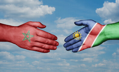Namibia and Morocco country handshaking with flags, consensus concept international co-operation illustration