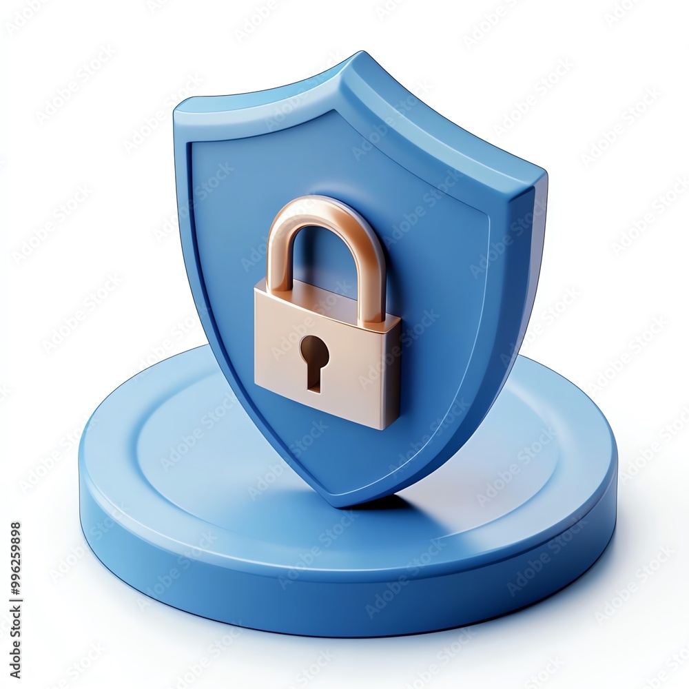 Poster blue shield in 3d with a padlock symbolizing security and protection.