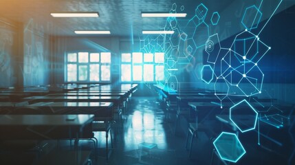 A futuristic classroom with holographic technology overlay, illustrating the blend of education and advanced digital interfaces.