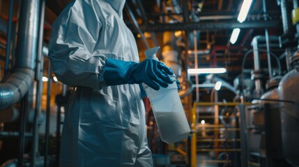 A person in protective gear holds a spray bottle, standing in an industrial setting, illuminated by bright artificial lights.