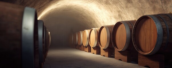 Wine barrels neatly arranged in a dimly lit cellar with stone walls.