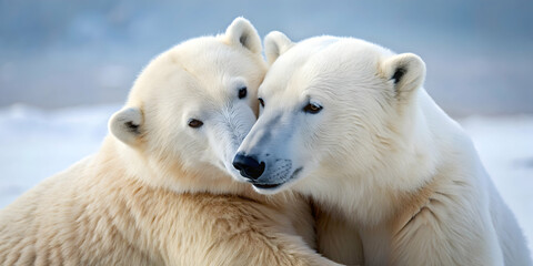 Fototapeta premium Polar bears cuddling in a heartwarming embrace, polar bears, cuddling, love, affection, cute, animals, snowy, arctic