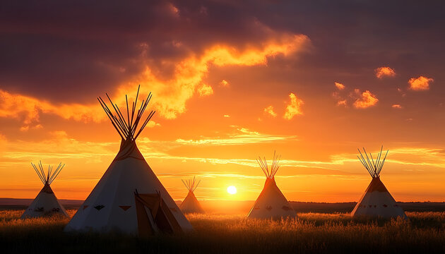 tipis at sunset in the prairie ai generated illustration