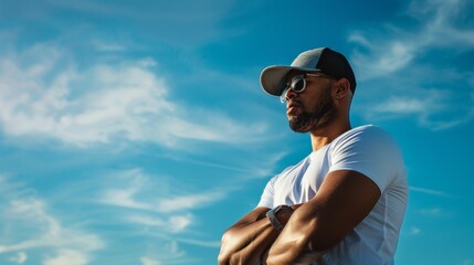 Confident man in sunglasses and a cap, standing with folded arms against a bright blue sky, exuding strength and coolness.