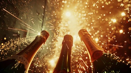 Three champagne bottles burst open with flying sparks and golden flares, creating an electrifying and celebratory atmosphere.