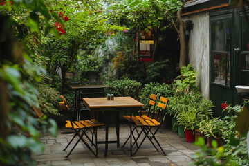 A patio with a table and chairs surrounded by plants