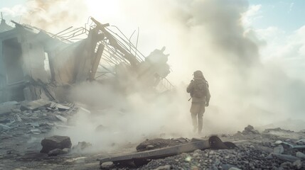 Fototapeta premium Amidst a cloud of dust and debris, a solitary figure walks through the aftermath of destruction, capturing a haunting sense of desolation.