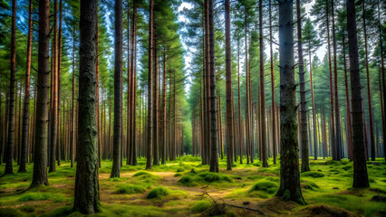 Dense forest with towering pines and carpet of needles, nature, foliage, wilderness, woodland, green, environment, texture