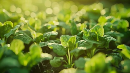 A lush garden of vibrant spinach plants, bathed in golden sunlight, showcasing the freshness and vitality of the thriving foliage.
