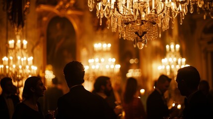 An opulent ballroom setting with chandeliers and people mingling, suggesting an elegant and sophisticated social event or gathering.