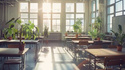 Obraz premium Sunlit classroom with arranged desks and vibrant green plants, evoking a sense of learning amidst a natural ambience.