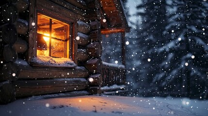 Snowflakes falling against the window of a cozy cabin, where a fire crackles inside, casting warm light onto a snow-covered porch and nearby pine trees.