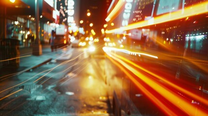 Obraz premium A bustling city street at night with vibrant light trails from passing vehicles, capturing the dynamic energy of urban life.