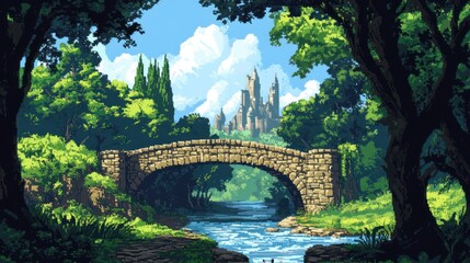 Stone Bridge Over a River Leading to a Distant Castle in a Lush Forest
