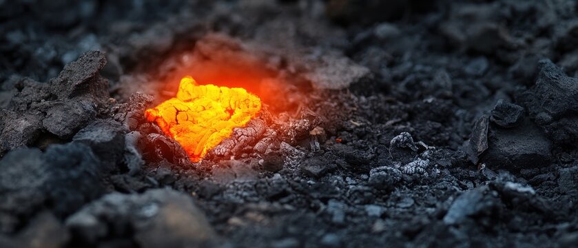 A glowing ember glimmers among dark, textured soil, showcasing a contrast between bright heat and cool earth.