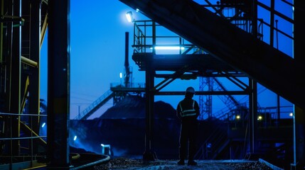 Fototapeta premium A lone figure stands under a framework of beams in a dimly lit industrial complex at dusk, framed by the silhouettes of towering structures.