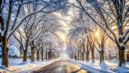 Snow-covered street with bare trees and soft light, winter, cold, snowy, road, trees, urban, scene, tranquil, serene