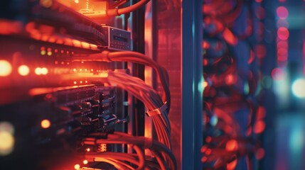 A lively data center with glowing red and blue lights highlighting rows of network cables and servers, symbolizing the heart of modern technology.