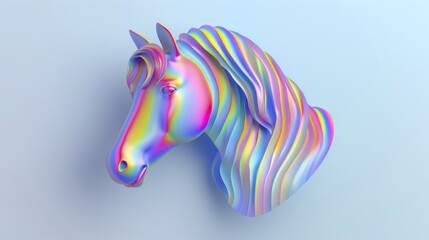 A vibrant 3D unicorn head sculpture in psychedelic rainbow colors, set against a clean, pale background.