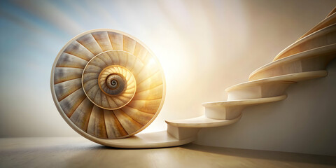 Obraz premium Quarter turn staircase and marine gastropod shell double exposed in a mesmerizing image, staircase, double exposure