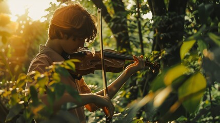 Obraz premium A young person plays the violin amidst lush greenery, bathed in the golden hour sunlight, creating a serene and artistic atmosphere.