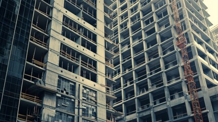 Fototapeta premium High-rise buildings under construction, showcasing scaffolding and structural frameworks, symbolizing urban development and architectural growth.