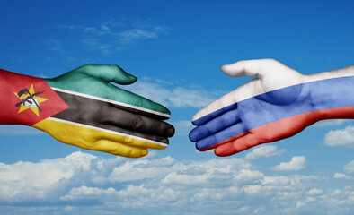 Russian Federation and Mozambique country handshaking with flags, consensus concept international co-operation illustration